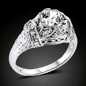 Vintage Cubic Zirconia Filigree Ring: Rhodium Finish 925 Sterling Silver 1161