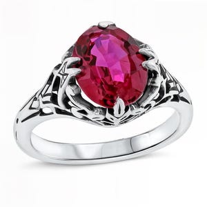 Ring Sizes 5 Through 12 Vivid Red Lab Ruby Solitaire Filigree Ring In 925 Solid Sterling Silver Vintage Antique Design #449