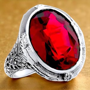 Vintage 19 Carat Lab Ruby Ring: 925 Sterling Silver Filigree Solitaire, July Birthstone 582