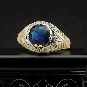Vintage Royal Blue Sim. Sapphire Filigree Ring: 925 Sterling Silver Promise Ring 1776