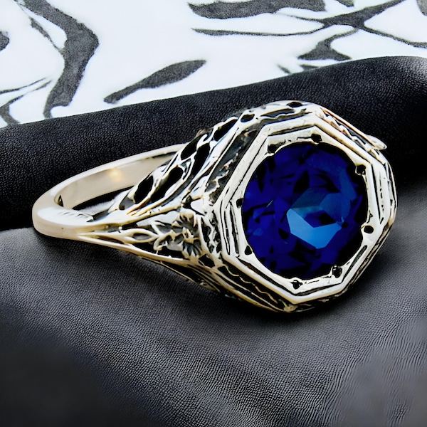 Vintage 2 Carat Royal Blue Lab Sapphire Ring: Filigree 925 Sterling Silver 072