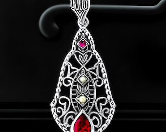 Vintage Red Lab Ruby & Freshwater Pearl Pendant Necklace: 925 Sterling Silver Filigree 483