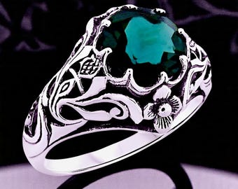Scottish Thistle Vintage 1.60 Carat London Blue Topaz Solitaire Filigree Ring In 925 Solid Sterling Silver, Unique Birthday Present  1123
