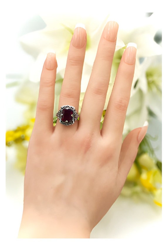 Vintage Vivid Red Sim. Ruby Ring: 925 Sterling Si… - image 4