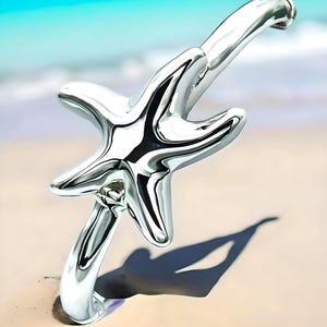 925 Sterling Silver Starfish Bangle Spring Hinged, Lightweight 6.5&quot; Wear All Day Bracelet,Beach Wear Accessory,Unique Birthday Present 1445