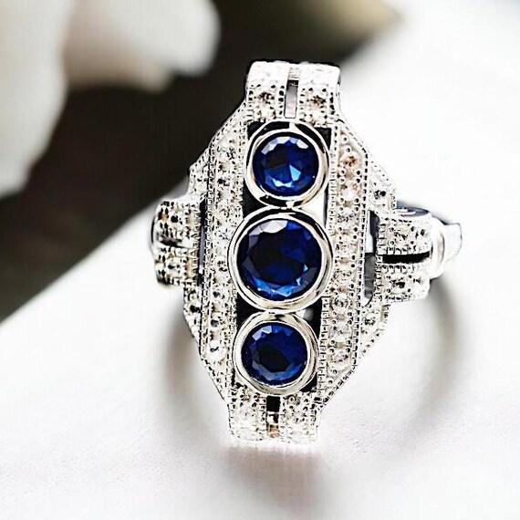 Vintage Royal Blue Sim. Sapphire Ring, 925 Sterli… - image 4