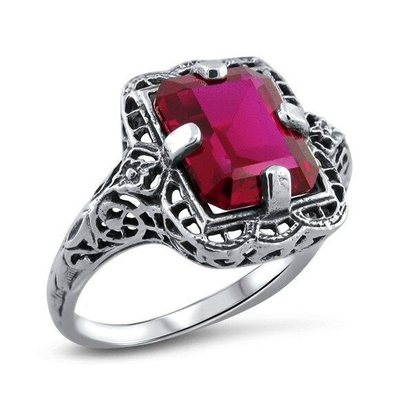 Vintage Simulated Ruby Ring: 925 Sterling Silver … - image 2