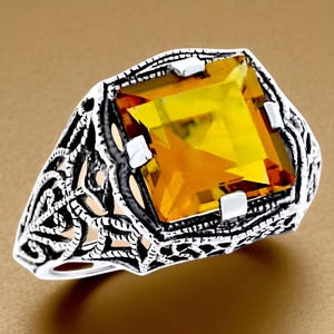 Vintage 3.00 Carat Citrine Solitaire Ring: Filigree Sterling Silver 525