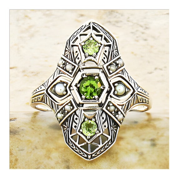 Natural Peridot & Pearl Filigree Vintage Ring In … - image 5