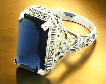 Vintage 5 Carat Sim. Sapphire Ring: Floral Filigree 925 Sterling Silver, September Birthstone 1147