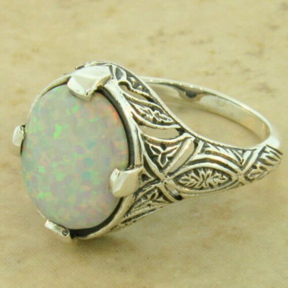 Vintage Estate Opal Solitaire Filigree Ring In 92… - image 3