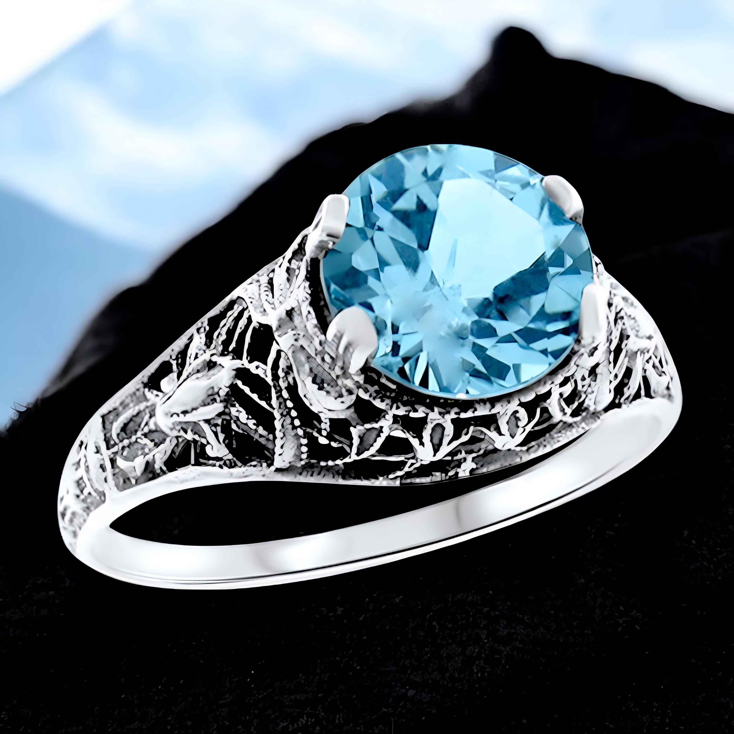 Vintage Natural Sky Blue Topaz Solitaire Filigree Ring, 925 Solid Sterling Silver Beauty, Perfect for Engagement or Anniversary Gift 977