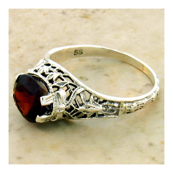 Vintage Estate Natural Garnet Solitaire Filigree … - image 3