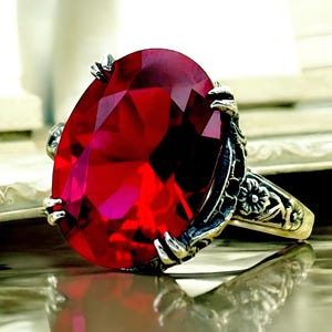 Deep Red Sim. Ruby 925 Solid Sterling Silver Filigree Ring, Antique Finish, July Birthstone Gift, Beautiful Anniversary Present #1235