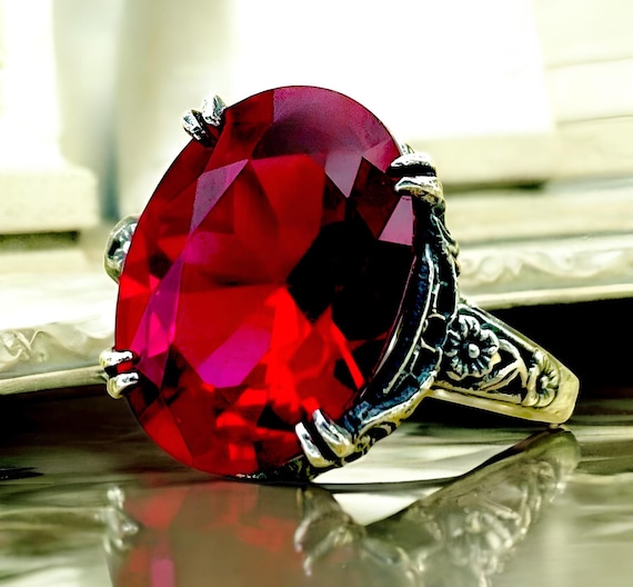 Deep Red Sim. Ruby Ring: 925 Sterling Silver Fili… - image 1
