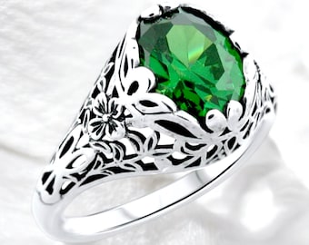 Vintage 925 Sterling Silver Emerald Green CZ Filigree Ring May Birthstone 1182