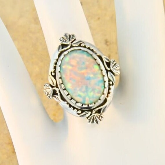 Vintage Estate Opal Solitaire Filigree Ring In 92… - image 1