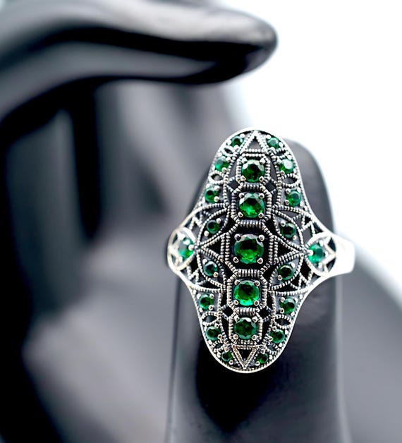 Vintage 925 Sterling Silver Ring: Green Sim. Emer… - image 2