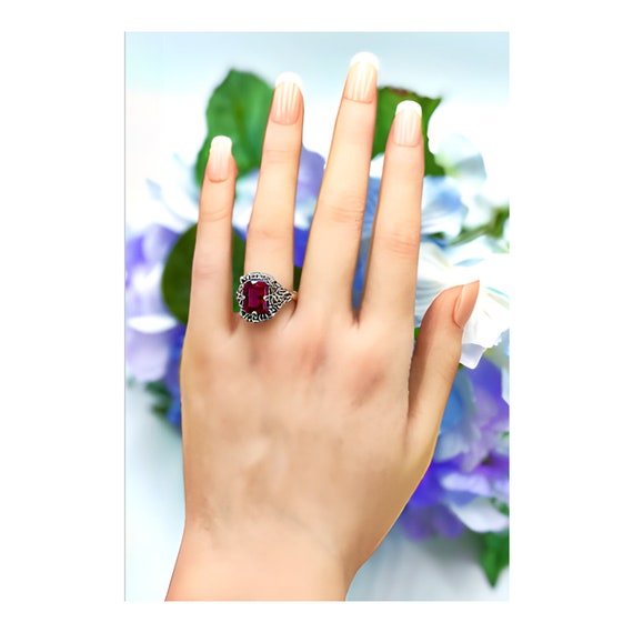 Vintage Emerald Cut Solitaire Lab Ruby In 925 Sol… - image 3