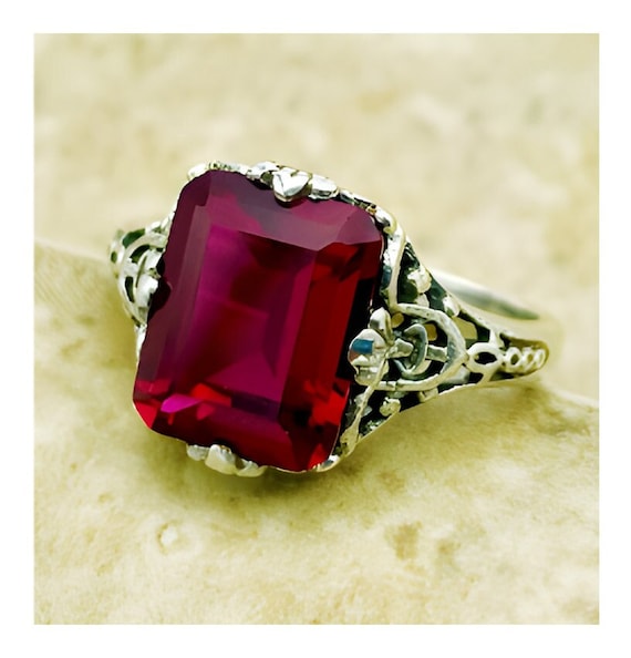 Vintage Deep Red Emerald Cut Lab Ruby In 925 Soli… - image 2