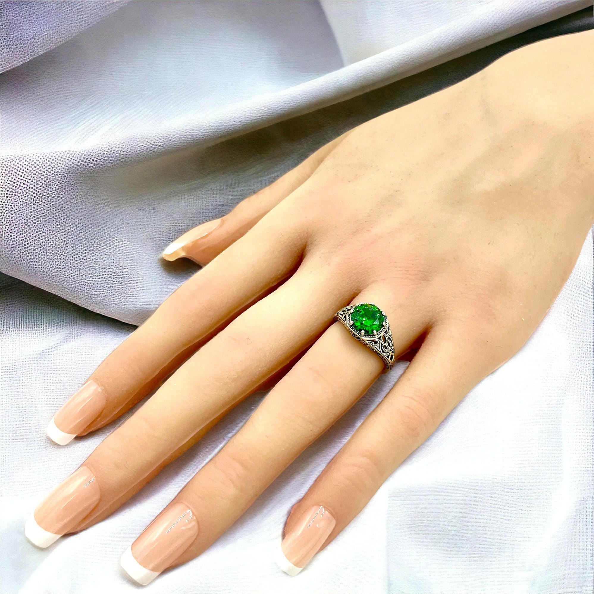 Vintage Emerald Ring, 925 Sterling Silver, Filigree