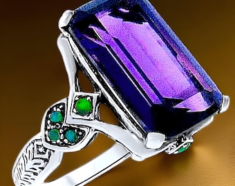 Vintage 4.50 Carat Amethyst & Green Fire Opal Filigree Ring 925 Sterling Silver 290
