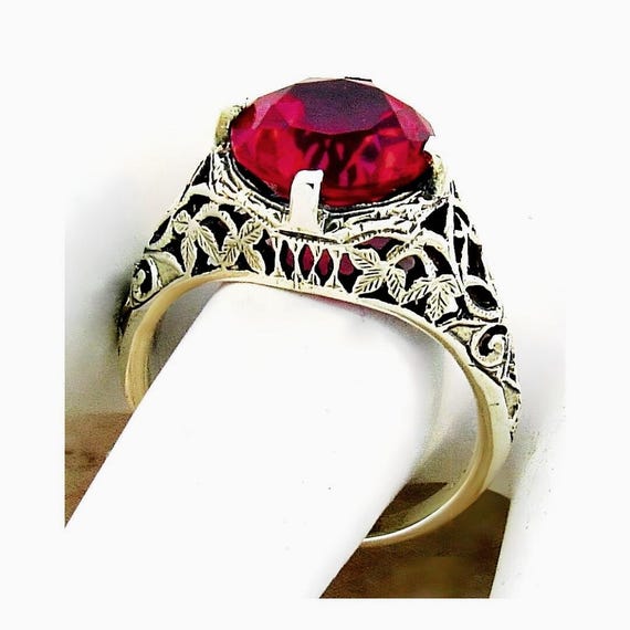 Vintage 5 Carat Lab Ruby Ring Filigree 925 Sterling Silver 076