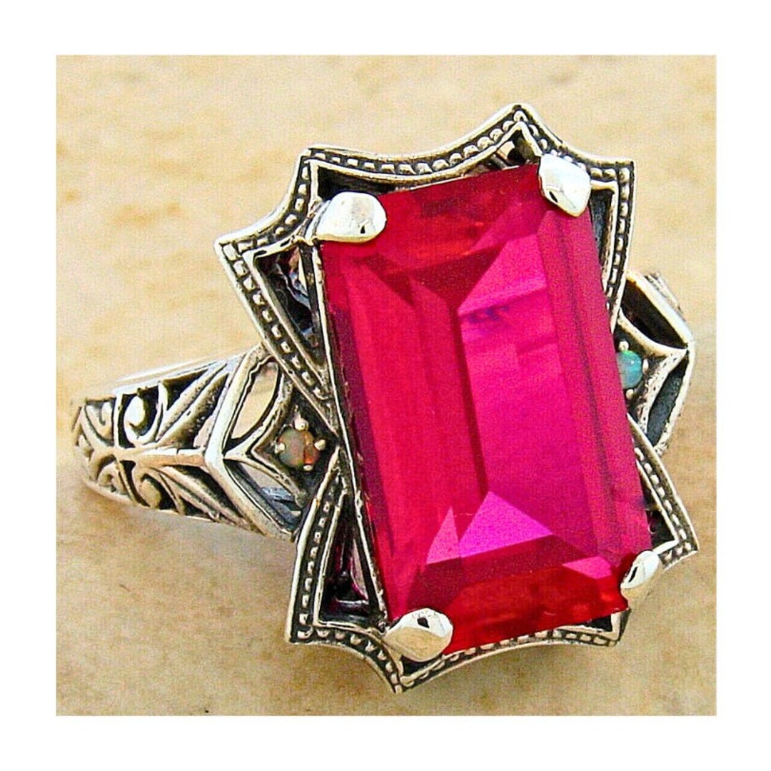 【R&B】Jewel Vintage Estate 8.00 Carat Vivid Red Lab Ruby & Opal Filigree
