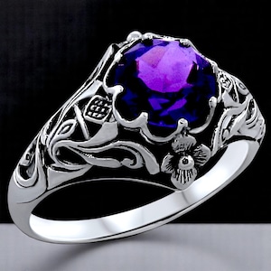 Vintage Scottish Thistle Amethyst Solitaire Filigree Ring, 2.00 Carat in 925 Solid Sterling Silver, Perfect Gift for Special Occasions 356