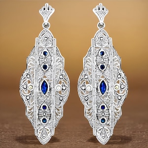 Vintage Natural Sapphire & Freshwater Pearl Filigree Earrings in 925 Solid Sterling Silver, Beautiful Anniversary Or Birthday Gift 047