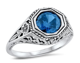 925 Sterling Silver, Floral Design, Sapphire Cz Ring, September Birthstone, Gift For Her, Ceylon Blue Color, Vintage    #1271