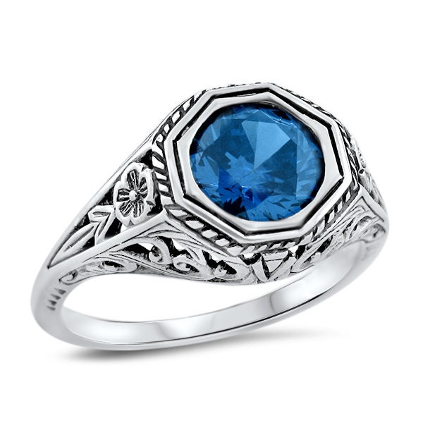 925 Sterling Silver, Floral Design, Sapphire Cz Ring, September Birthstone, Gift For Her, Ceylon Blue Color, Vintage    #1271