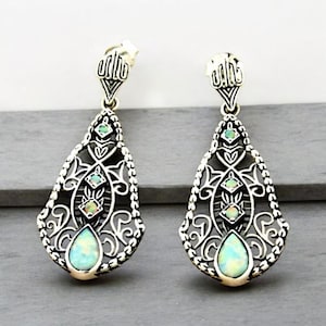 Vintage Opal Filigree Earrings, 925 Solid Sterling Silver Push Back, Elegant Jewelry for Women, Perfect Gift for Anniversary or Birthday 218