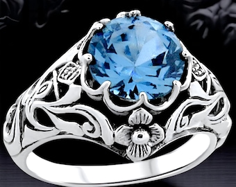 Vintage Scottish Thistle Aquamarine Ring, 2.00 Carat Solitaire in Filigree 925 Solid Sterling Silver,Unique Birthday or Anniversary Gift 365