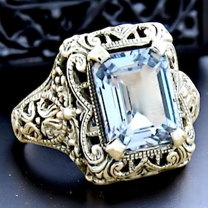Vintage Aquamarine Ring 4 Ct.Filigree Design in 925 Solid Sterling Silver, Elegant Statement Jewelry Gift, Beautiful Anniversary Present 343