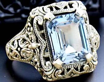 Vintage Aquamarine Ring 4 Ct.Filigree Design in 925 Solid Sterling Silver, Elegant Statement Jewelry Gift, Beautiful Anniversary Present 343