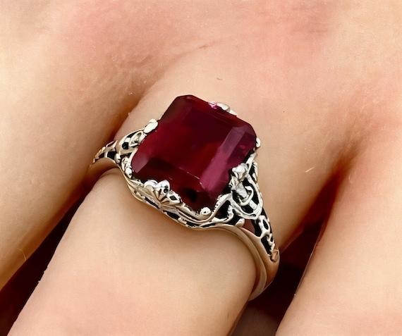 Vintage Deep Red Emerald Cut Lab Ruby In 925 Soli… - image 1