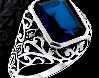 Vintage 5 Ct. Royal Blue Lab Sapphire Ring Pearl Accents 925 Sterling Silver 375