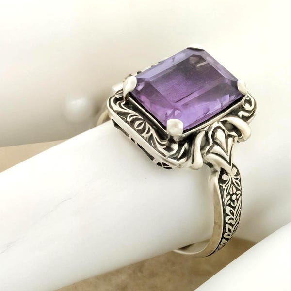 Bague solitaire vintage en améthyste naturelle : argent sterling 925 en filigrane 195