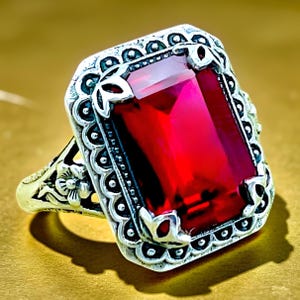 Vintage 925 Sterling Silver Lab Ruby Filigree Ring: Elegant Everyday Jewelry 1216