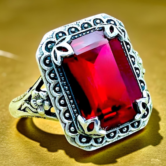 Vintage 925 Sterling Silver Lab Ruby Filigree Rin… - image 1