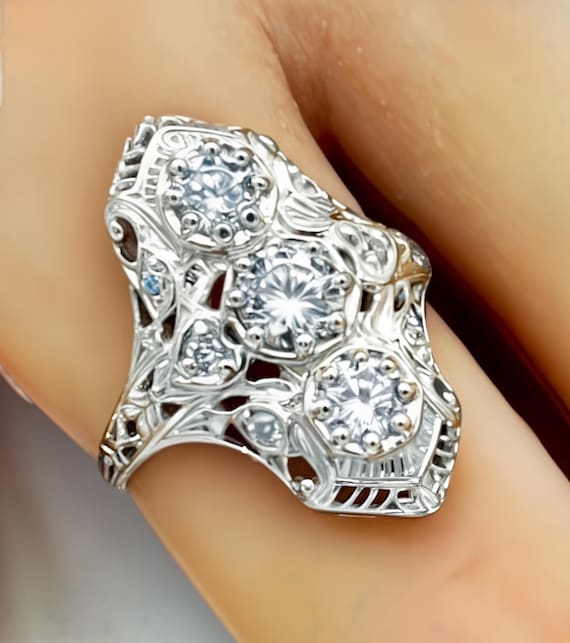Vintage Estate 3 Stone Cubic Zirconia Filigree Ring Anti-Tarnish Rhodium Finish 925 Solid Sterling Silver             847