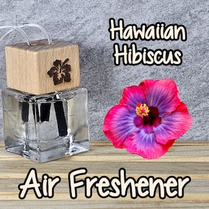 May include: A glass bottle air freshener with a wooden top and a hibiscus flower design. The bottle has two black reeds sticking out of the top. The text "Hawaiian Hibiscus Air Freshener" is printed on the image.