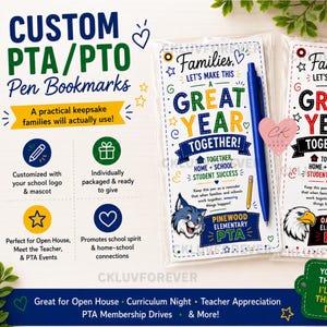 May include: Two rectangular paper bookmarks in clear plastic sleeves, each featuring a pen attached to the side. The designs include the text Families, LET'S MAKE THIS A GREAT YEAR TOGETHER, and school mascot illustrations for Pinewood and Oakridge.