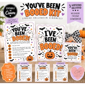 May include: A printable Halloween Booed kit featuring multiple signs with ghost and pumpkin illustrations. The text reads You've Been Booed, I've Been Booed, and includes instructions for neighbours, friends, and coworkers. The design uses orange, black, and purple colours with scalloped borders.