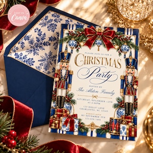 May include: A Christmas party invitation card featuring two nutcracker figures, red bows, and blue and white ornaments. The text reads: Please join us for a Christmas party, hosted by The Alston Family, Saturday, December 12th at 6:00 PM, 123 Holly Lane, Charlotte, NC 12345, kindly RSVP by December 5th 123.456.7890.