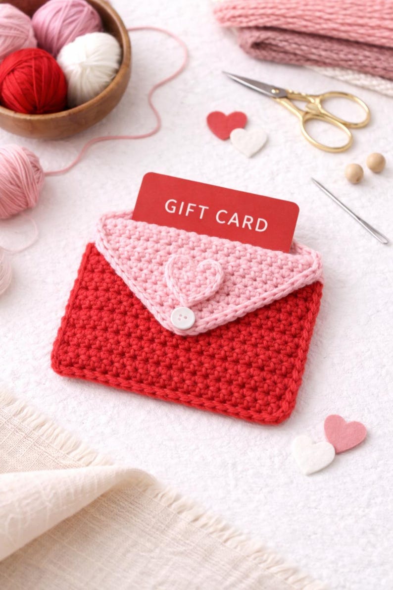 May include: A handmade red and pink crochet gift card holder shaped like an envelope. The flap is light pink with a heart accent and a button closure. A red gift card is visible inside. Other craft supplies are in the background.