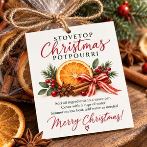 Puede incluir: Una bolsa de plástico transparente con rodajas de naranja secas y especias, con una etiqueta blanca que dice STOVETOP Christmas POTPOURRI, instrucciones para 3 tazas de agua y Merry Christmas, decorada con una naranja, bayas y un lazo.