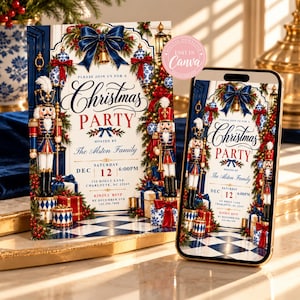 May include: A Christmas party invitation card and a smartphone displaying the same design. The invitation features two nutcrackers, blue and white ornaments, a large blue bow, and text reading Please join us for a Christmas party hosted by The Alston Family.