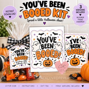 May include: A You've Been Booed kit featuring a clear plastic bag filled with assorted sweets, tied with a black and white buffalo plaid ribbon. Includes printed cards with ghost and pumpkin illustrations and the text You've Been Booed.